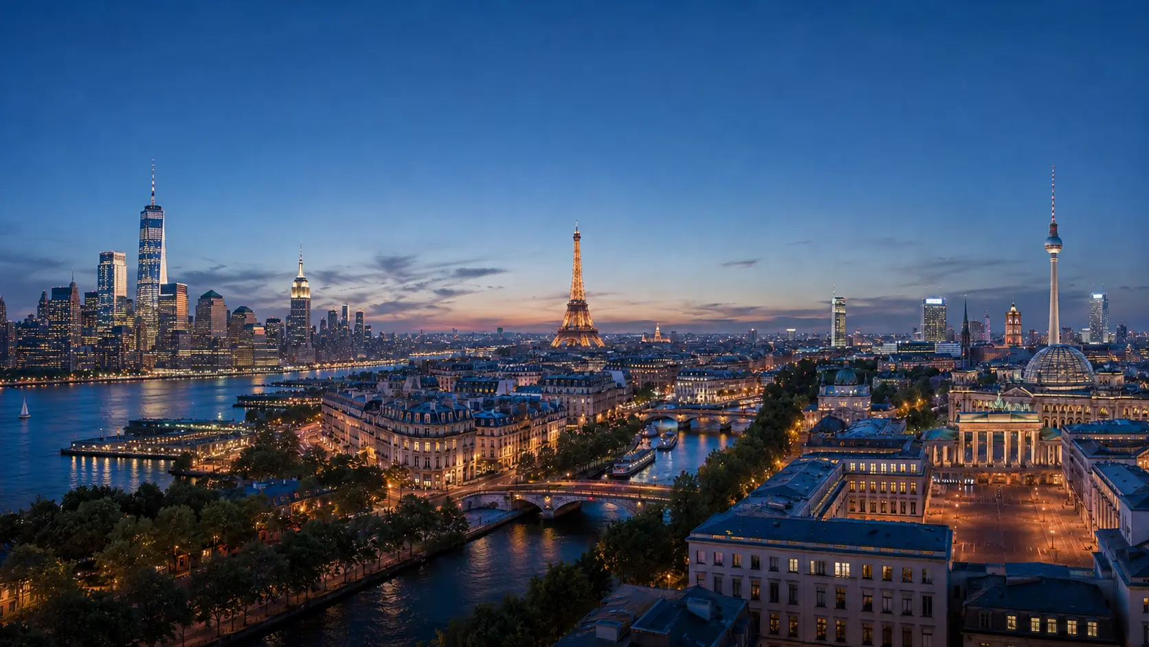 Panoramic skyline at dusk, composited from several cities